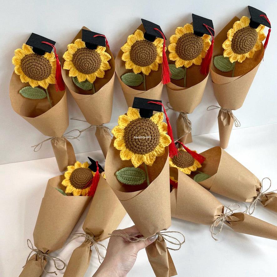 handicroft handmade crochet sunflower single stalk flower bouquet sunshine to-go grad edition