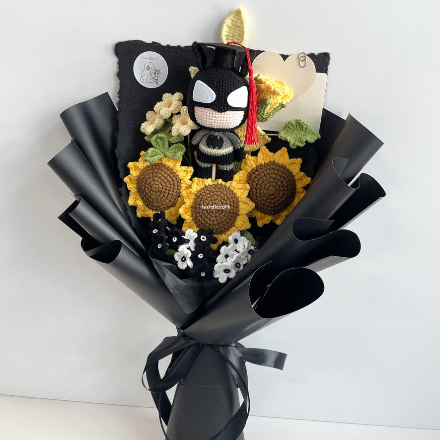 handicroft handmade crochet superhero sunflower bouquet midnight sunshine