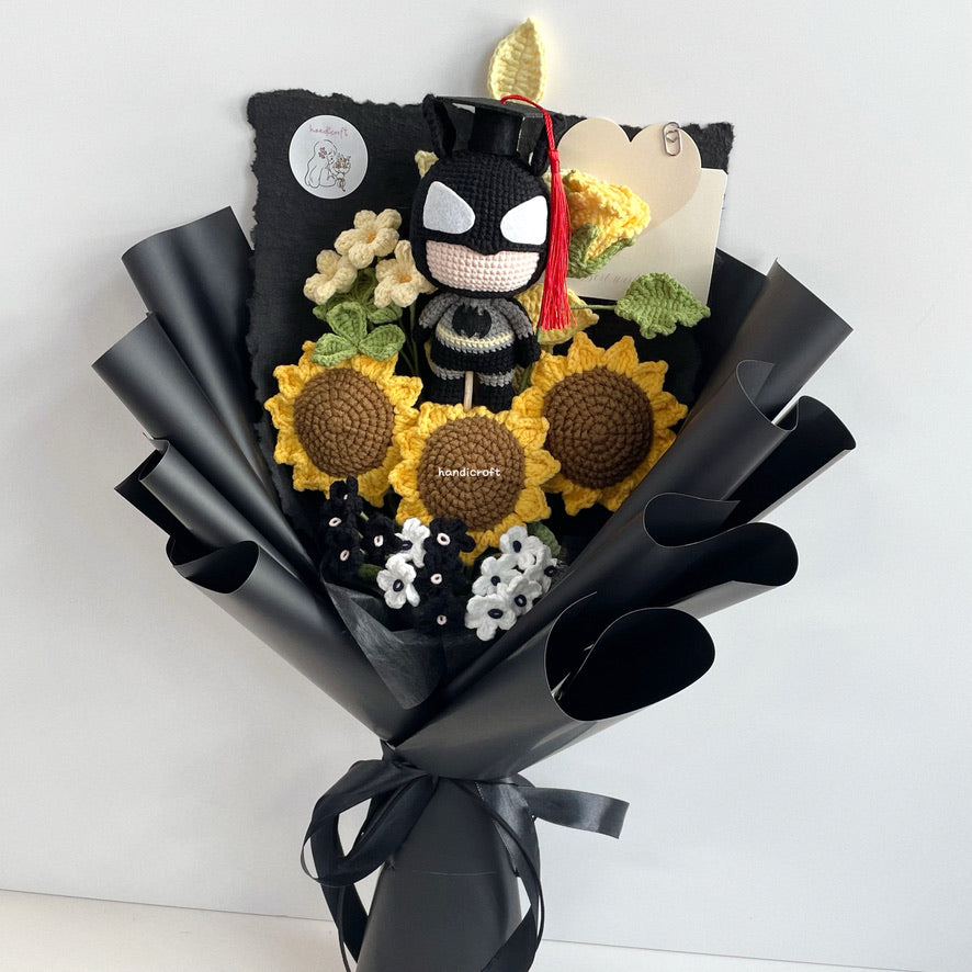 handicroft handmade crochet superhero sunflower bouquet midnight sunshine