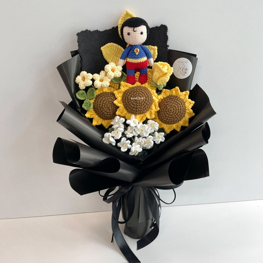 handicroft handmade crochet superhero superman DC character sunflower flower bouquet superman's sunshine squad
