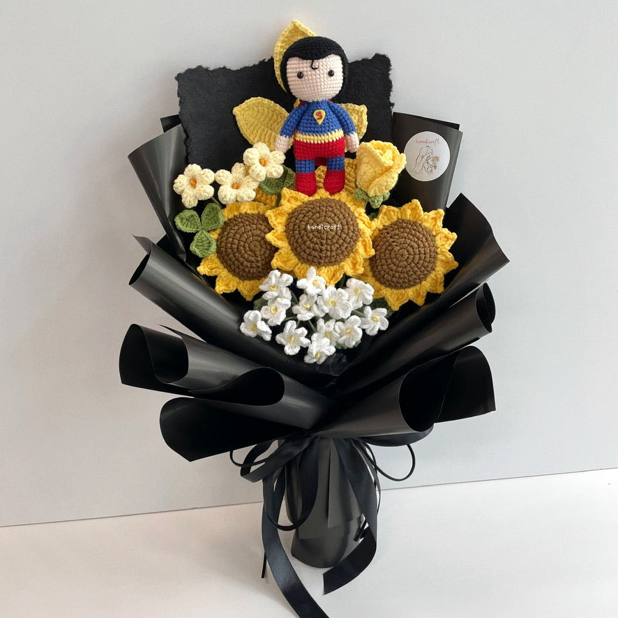 handicroft handmade crochet superhero superman DC character sunflower flower bouquet superman's sunshine squad