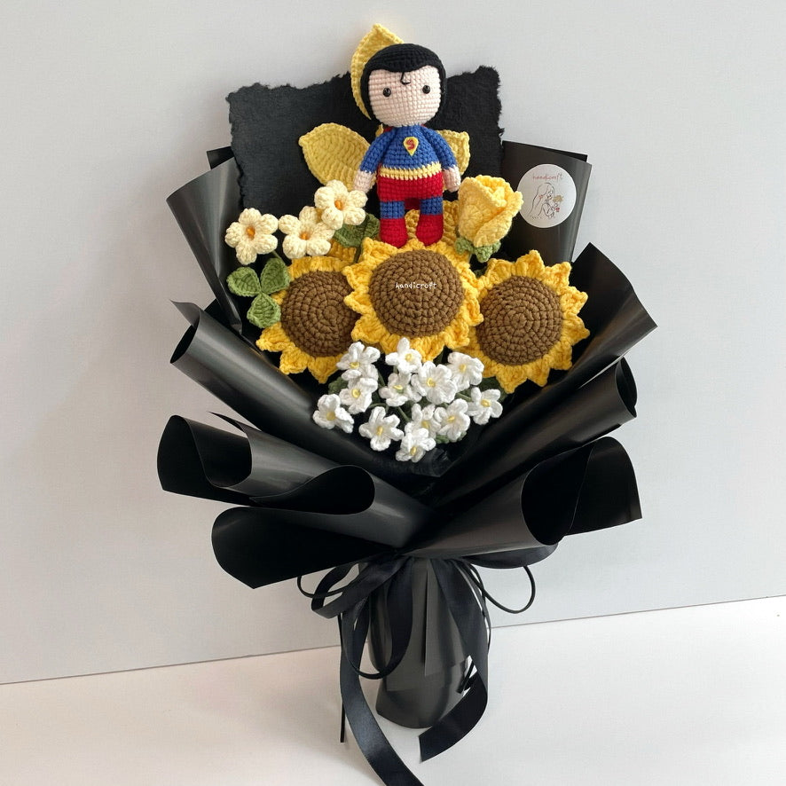 handicroft handmade crochet superhero superman DC character sunflower flower bouquet superman's sunshine squad