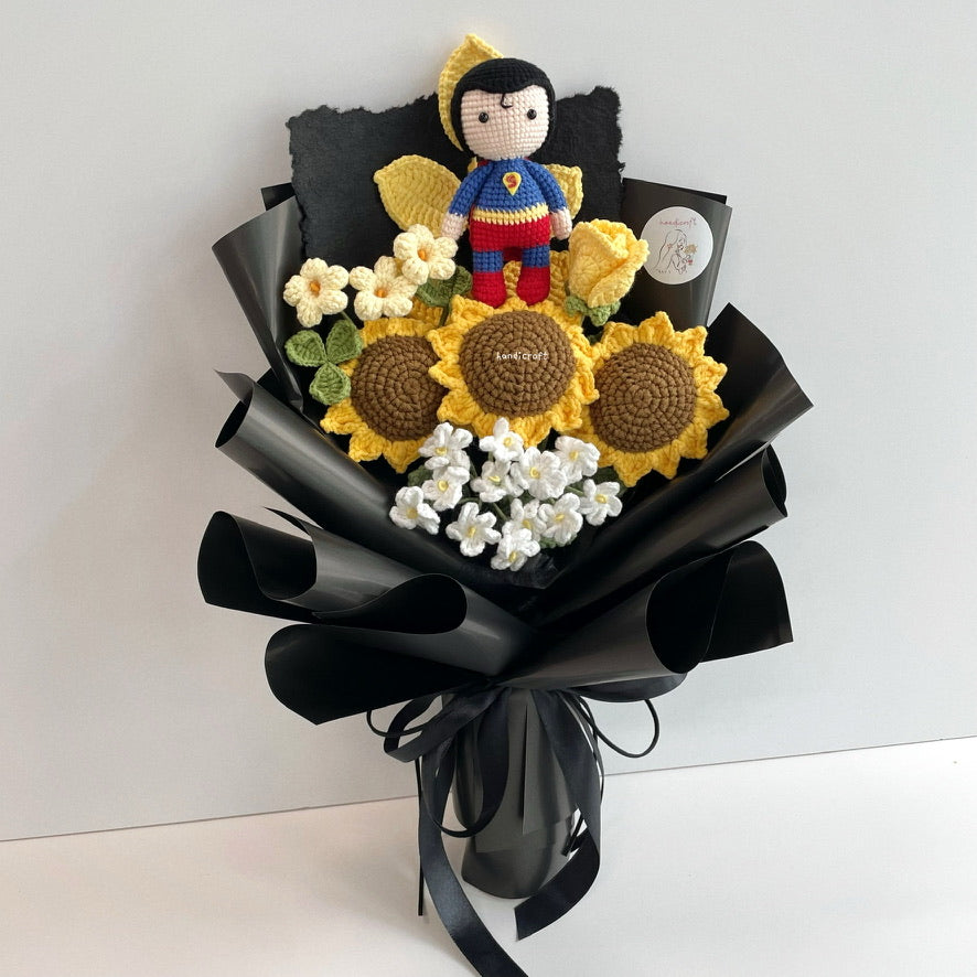 handicroft handmade crochet superhero superman DC character sunflower flower bouquet superman's sunshine squad