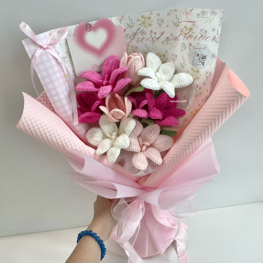 handicroft handmade crochet tulips flower bouquet the art of tulips 6 colours pink