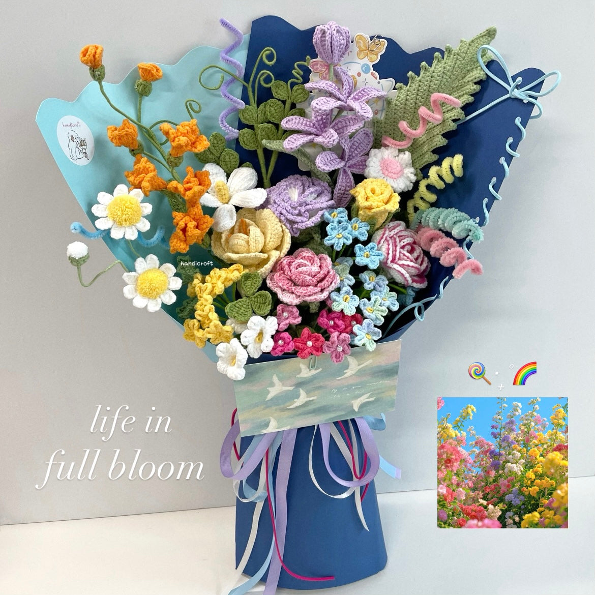 handicroft handmade crochet vibrant rainbow flower bouquet life in full bloom