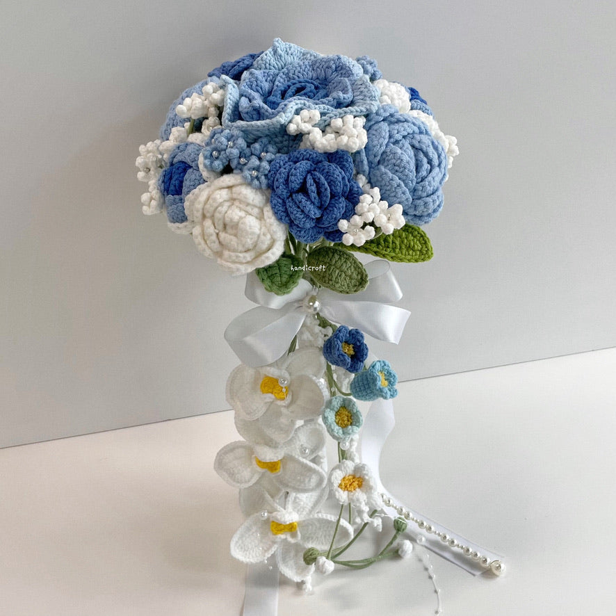 handicroft handmade crochet wedding bridal round handheld cascade flower bouquet love forevermore blue