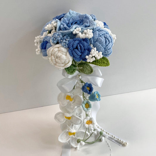 handicroft handmade crochet wedding bridal round handheld cascade flower bouquet love forevermore blue