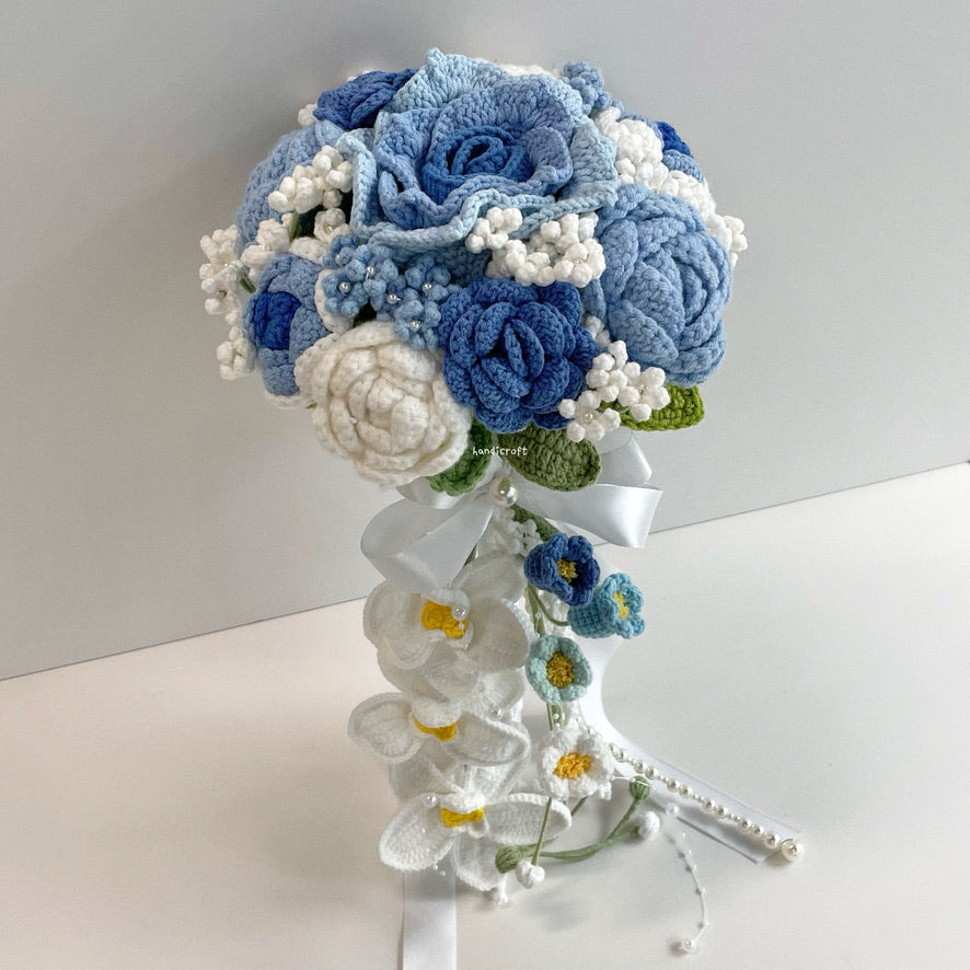 handicroft handmade crochet wedding bridal round handheld cascade flower bouquet love forevermore blue