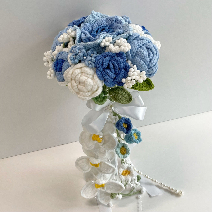 handicroft handmade crochet wedding bridal round handheld cascade flower bouquet love forevermore blue