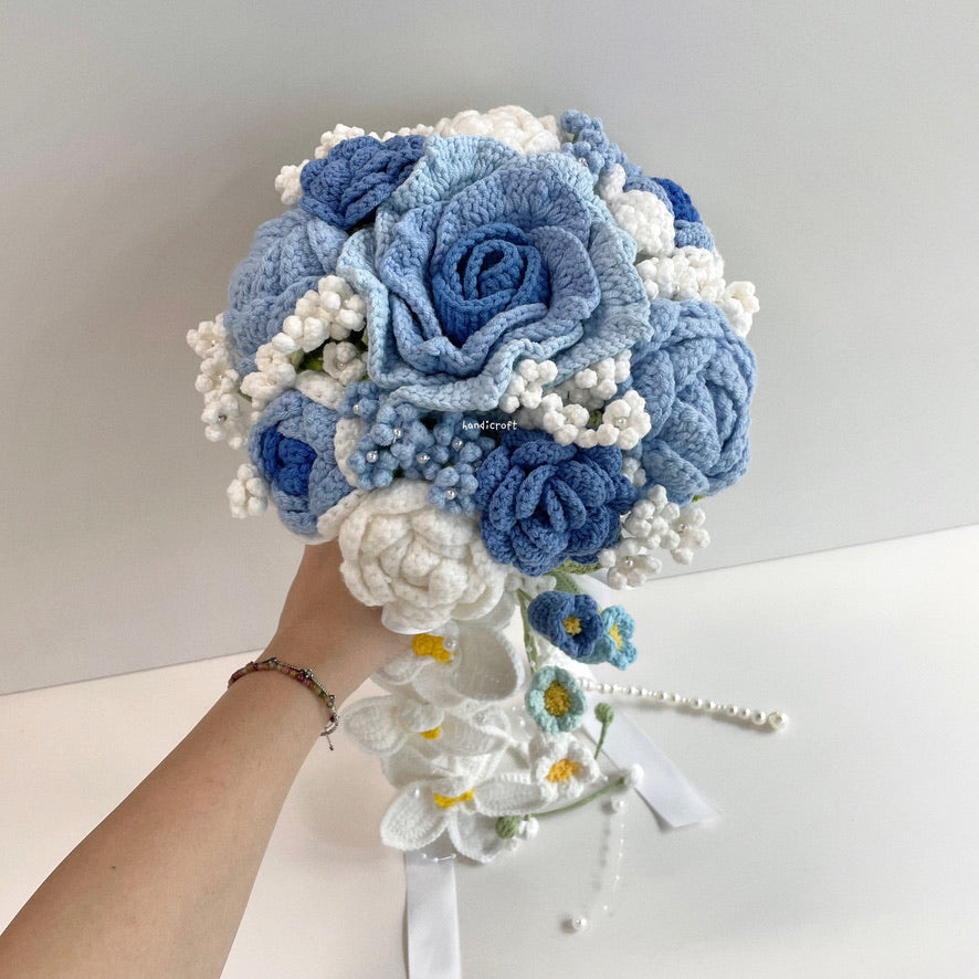 handicroft handmade crochet wedding bridal round handheld cascade flower bouquet love forevermore blue