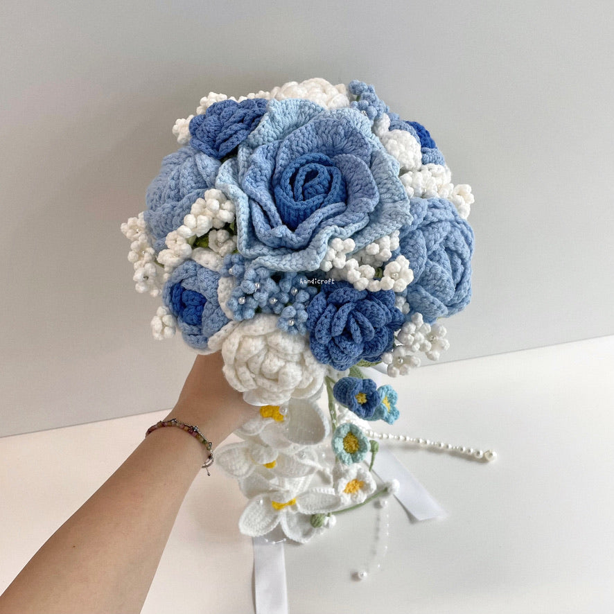 handicroft handmade crochet wedding bridal round handheld cascade flower bouquet love forevermore blue