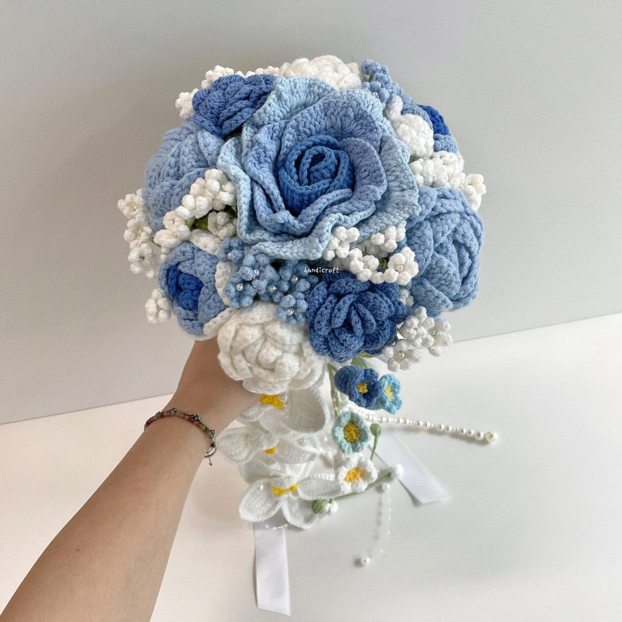 handicroft handmade crochet wedding bridal round handheld cascade flower bouquet love forevermore blue