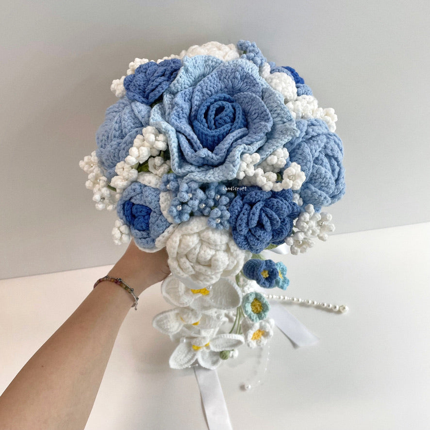 handicroft handmade crochet wedding bridal round handheld cascade flower bouquet love forevermore blue