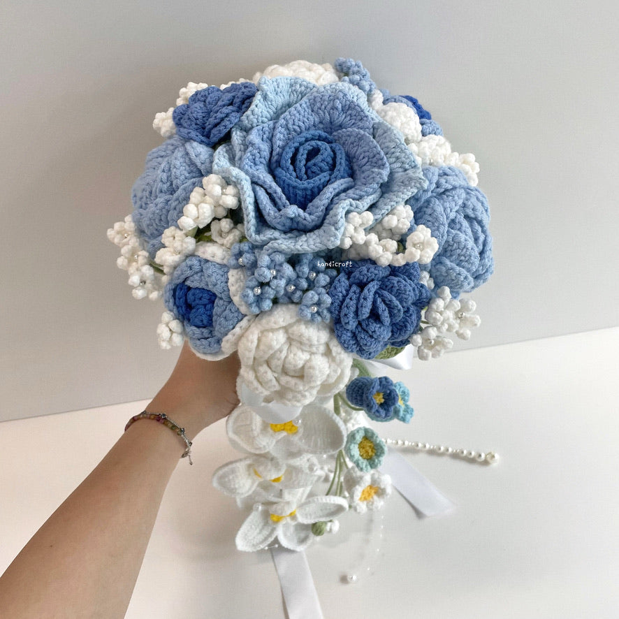 handicroft handmade crochet wedding bridal round handheld cascade flower bouquet love forevermore blue