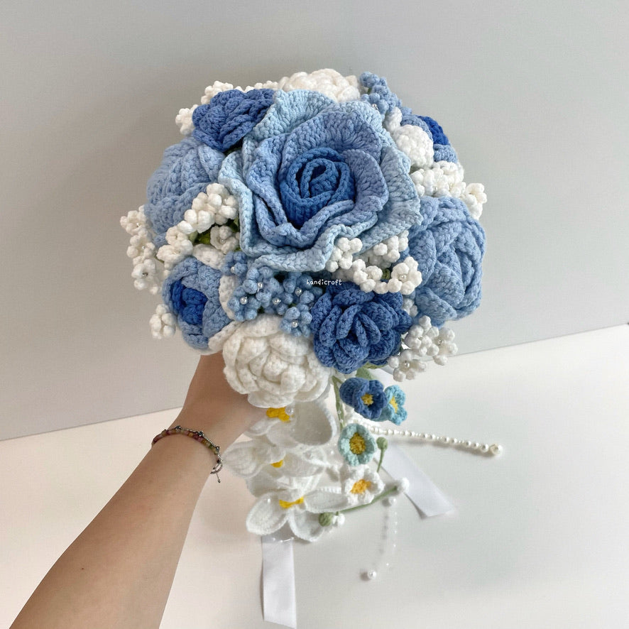 handicroft handmade crochet wedding bridal round handheld cascade flower bouquet love forevermore blue