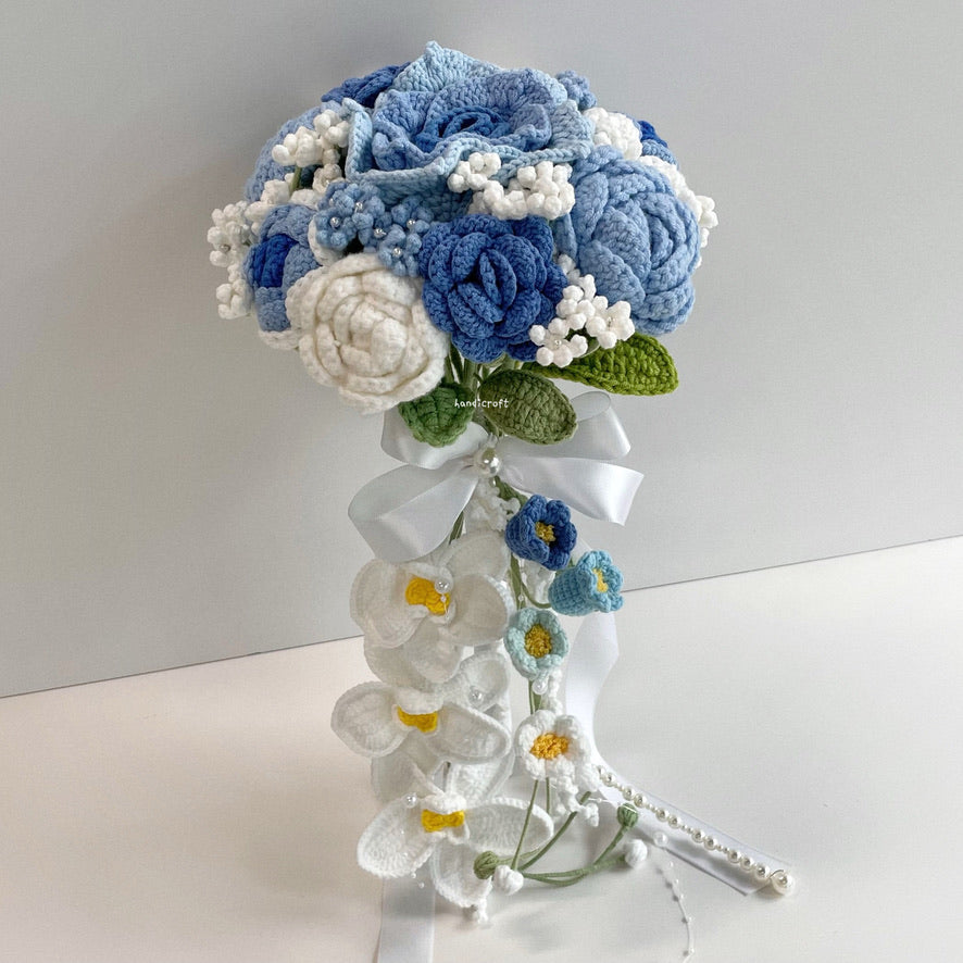 handicroft handmade crochet wedding bridal round handheld cascade flower bouquet love forevermore blue