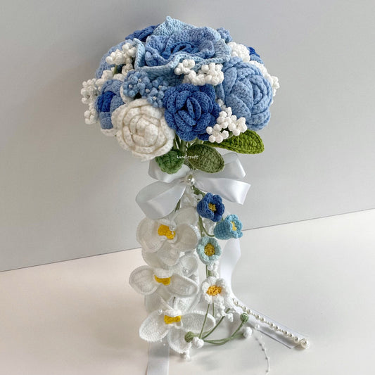 handicroft handmade crochet wedding bridal round handheld cascade flower bouquet love forevermore blue