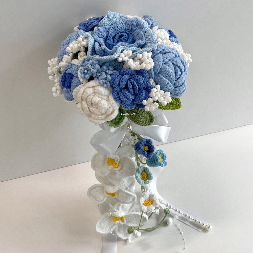 handicroft handmade crochet wedding bridal round handheld cascade flower bouquet love forevermore blue