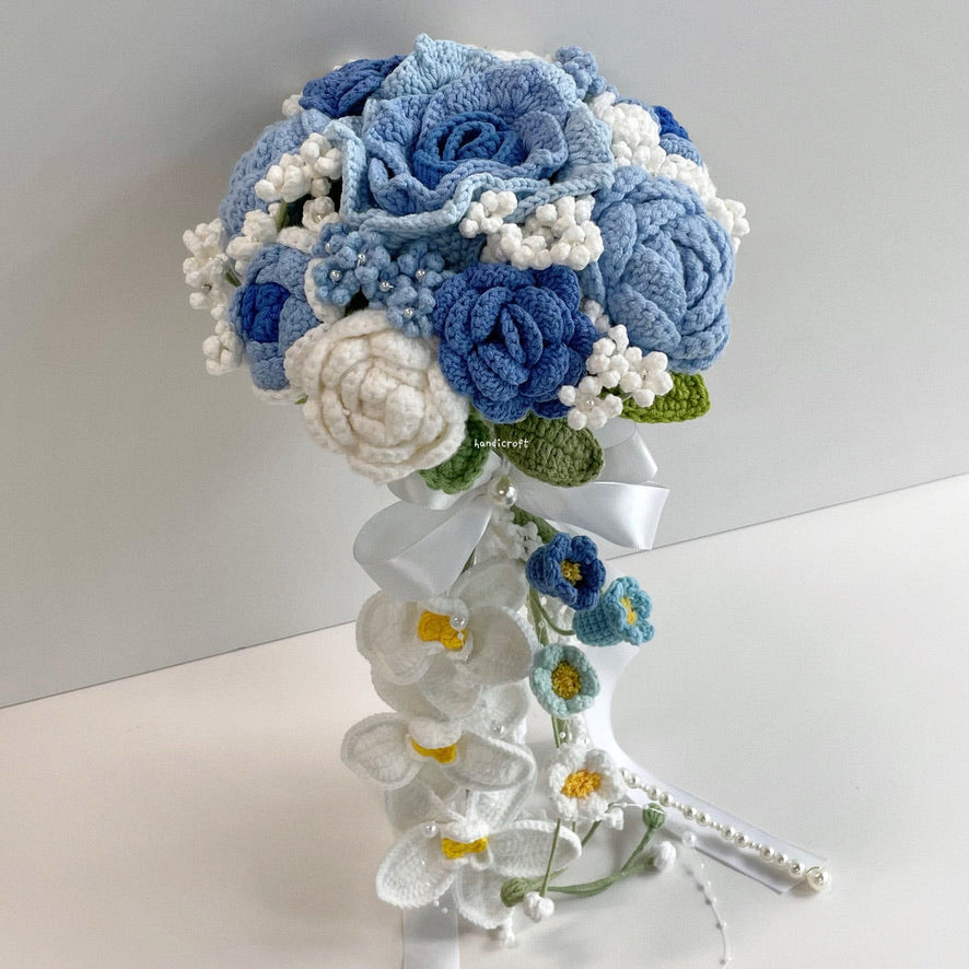 handicroft handmade crochet wedding bridal round handheld cascade flower bouquet love forevermore blue