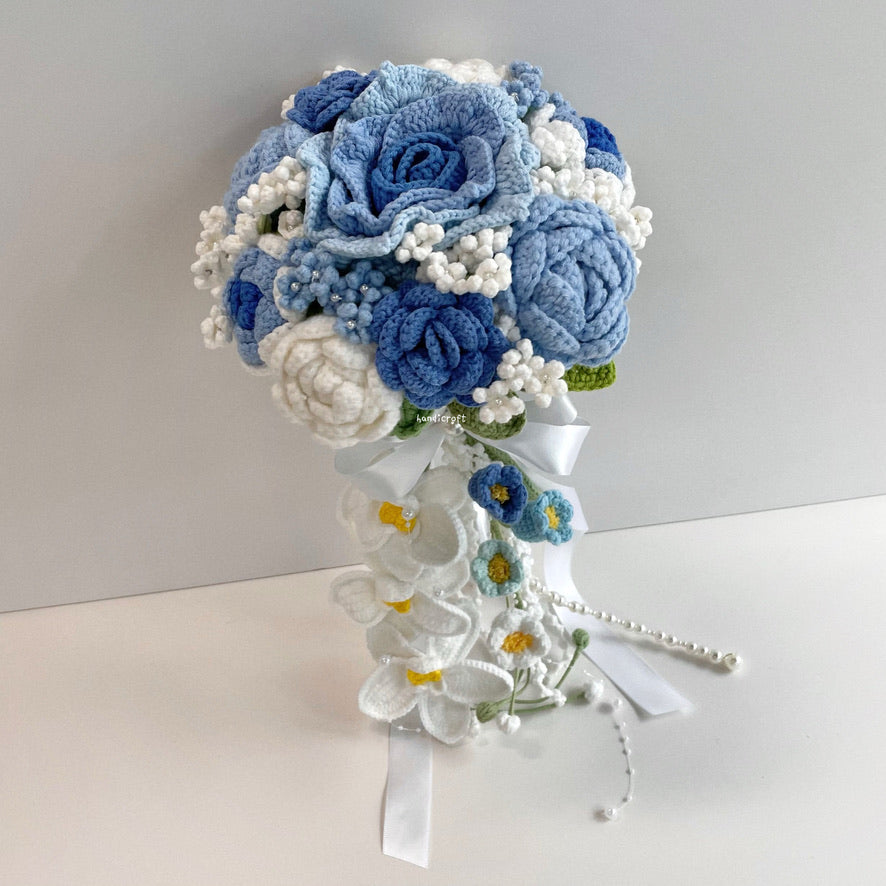 handicroft handmade crochet wedding bridal round handheld cascade flower bouquet love forevermore blue
