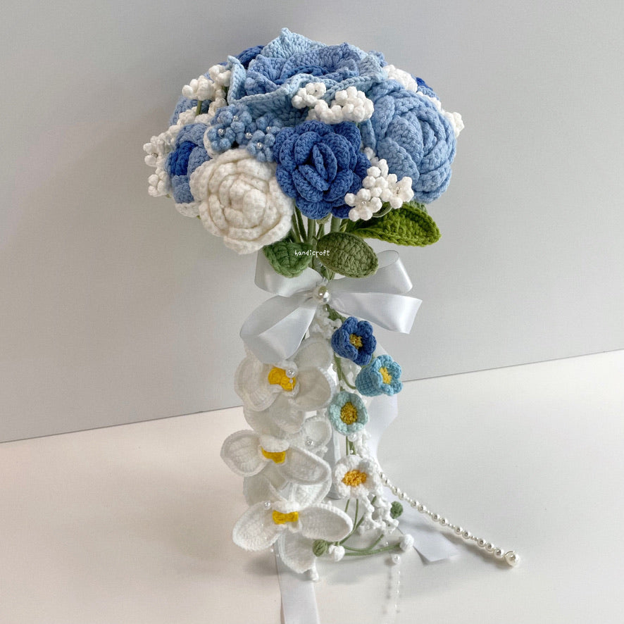 handicroft handmade crochet wedding bridal round handheld cascade flower bouquet love forevermore blue
