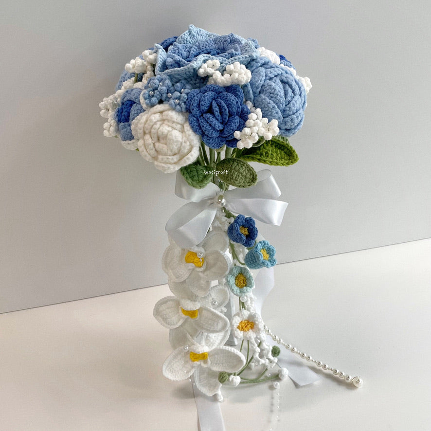 handicroft handmade crochet wedding bridal round handheld cascade flower bouquet love forevermore blue