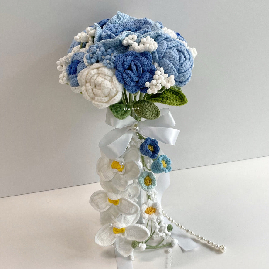 handicroft handmade crochet wedding bridal round handheld cascade flower bouquet love forevermore blue