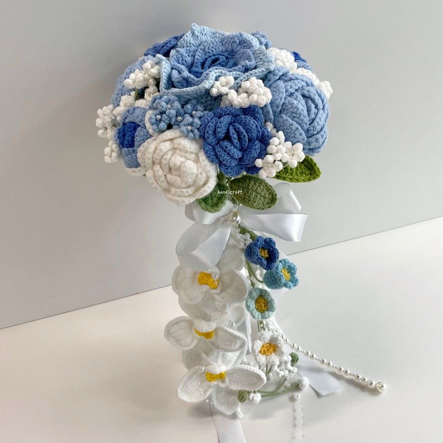 handicroft handmade crochet wedding bridal round handheld cascade flower bouquet love forevermore blue