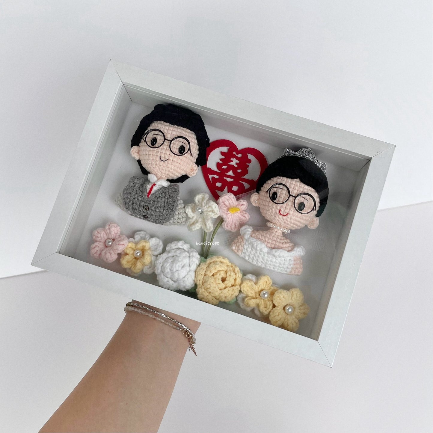 handicroft handmade crochet wedding bride groom couple doll anniversary everlasting gift present photo frame decoration
