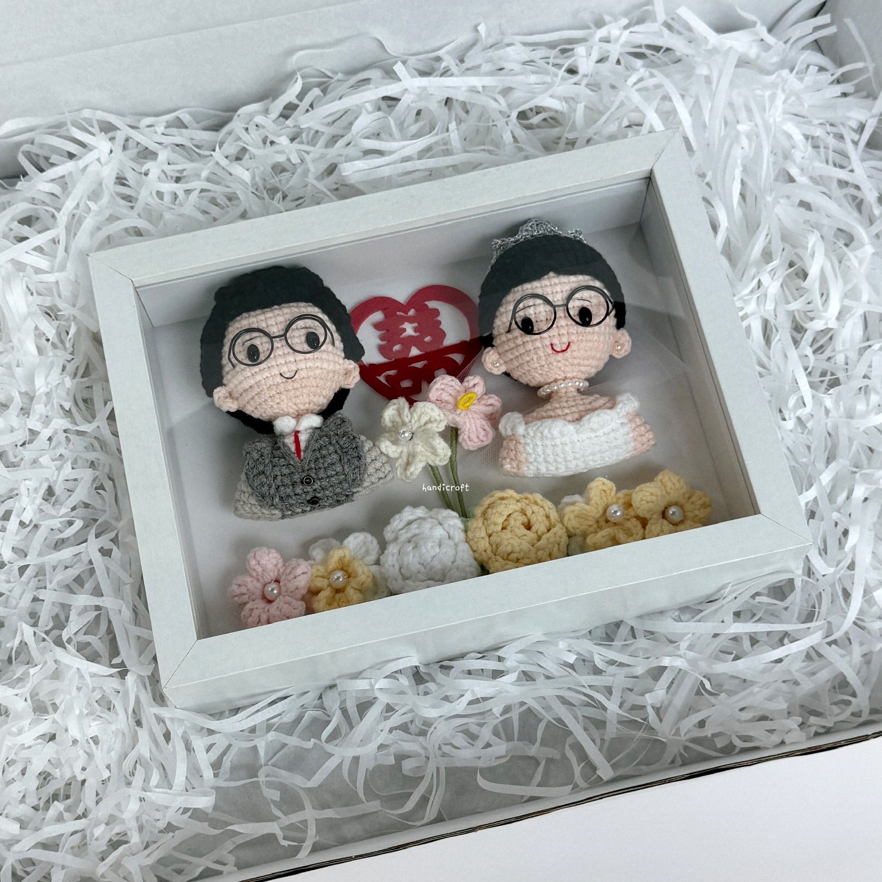 handicroft handmade crochet wedding bride groom couple doll anniversary everlasting gift present photo frame decoration