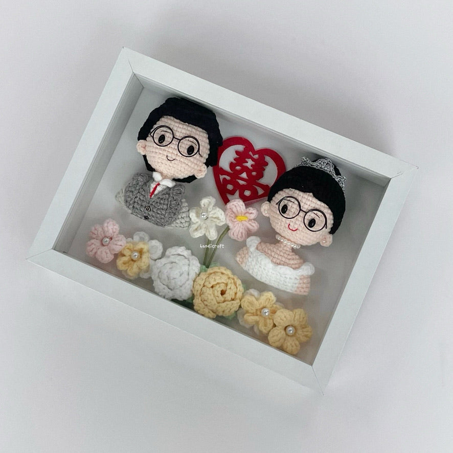 handicroft handmade crochet wedding bride groom couple doll anniversary everlasting gift present photo frame decoration