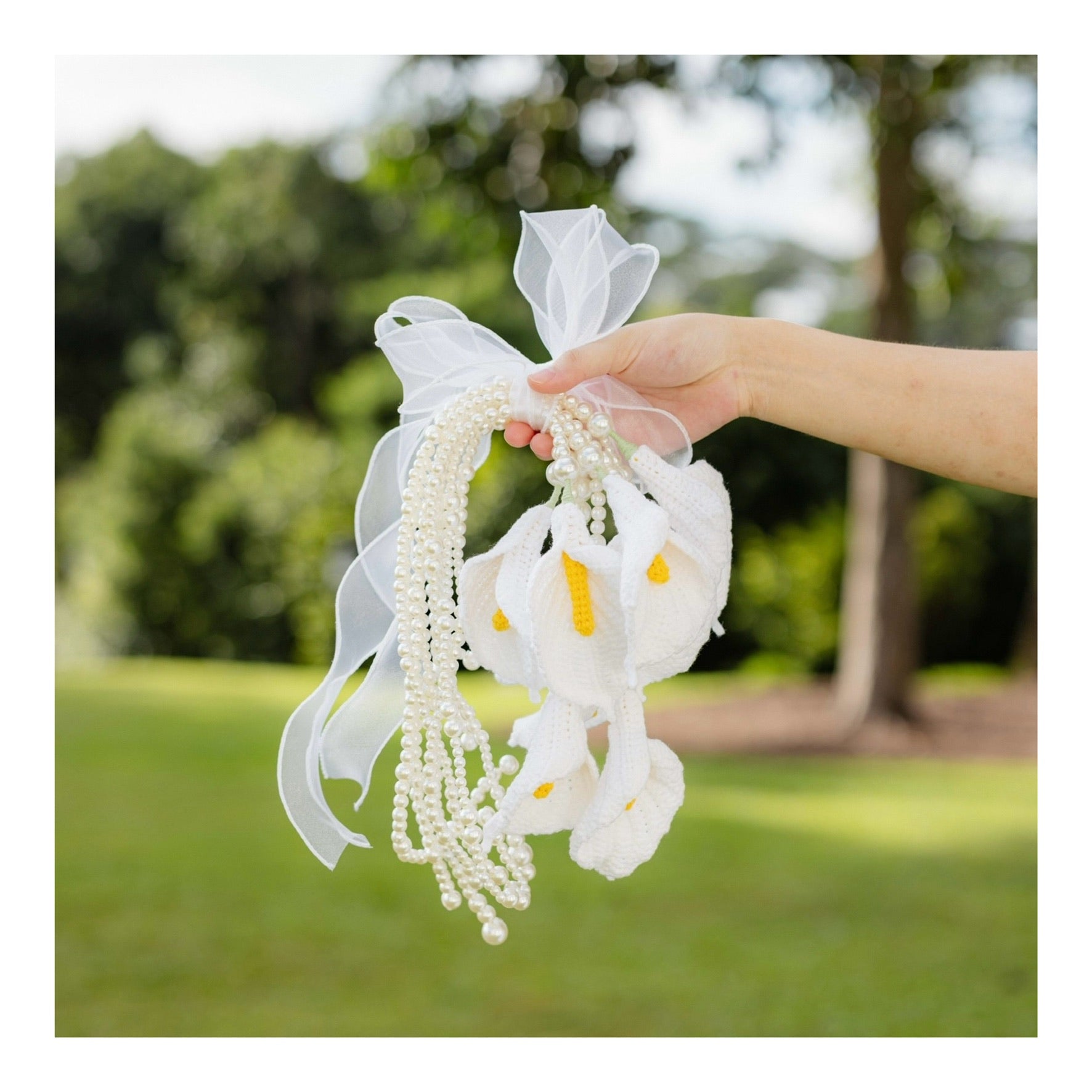 handicroft handmade crochet white calla lily handheld flower bouquet wedding proposal ROM a vow in bloom