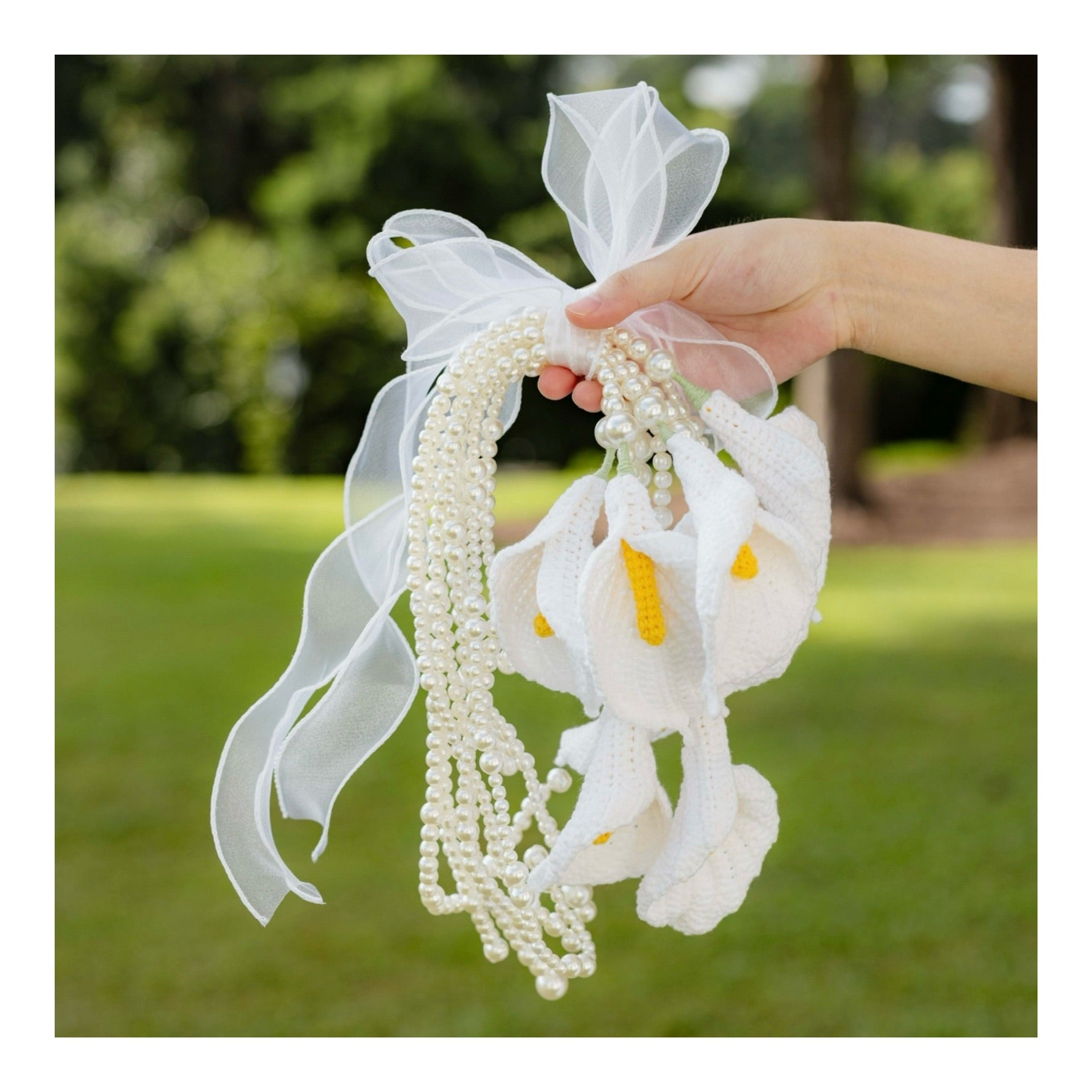 handicroft handmade crochet white calla lily handheld flower bouquet wedding proposal ROM a vow in bloom
