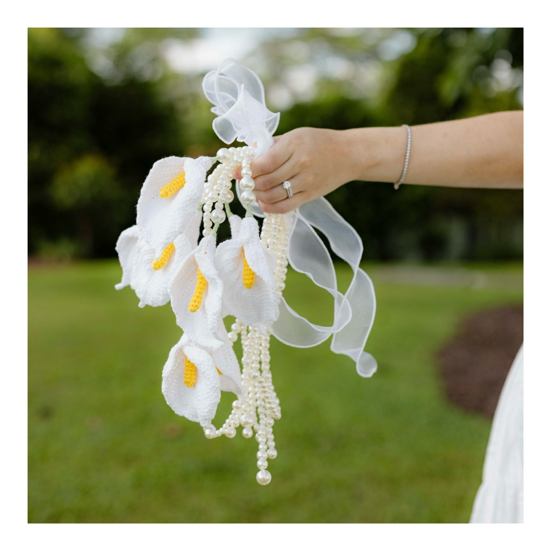 handicroft handmade crochet white calla lily handheld flower bouquet wedding proposal ROM a vow in bloom