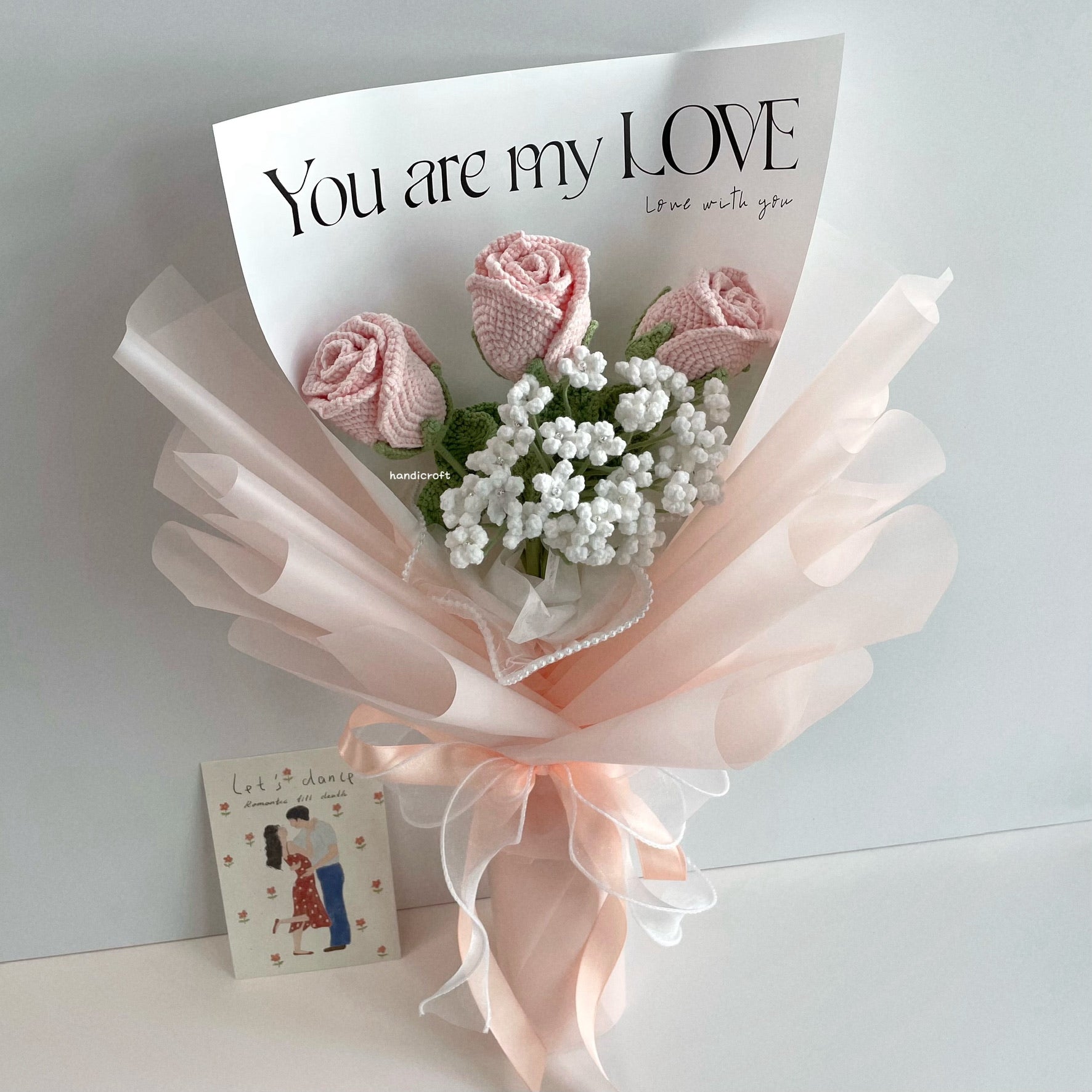handicroft handmade crochet wineglass rose flower bouquet sweet love baby pink