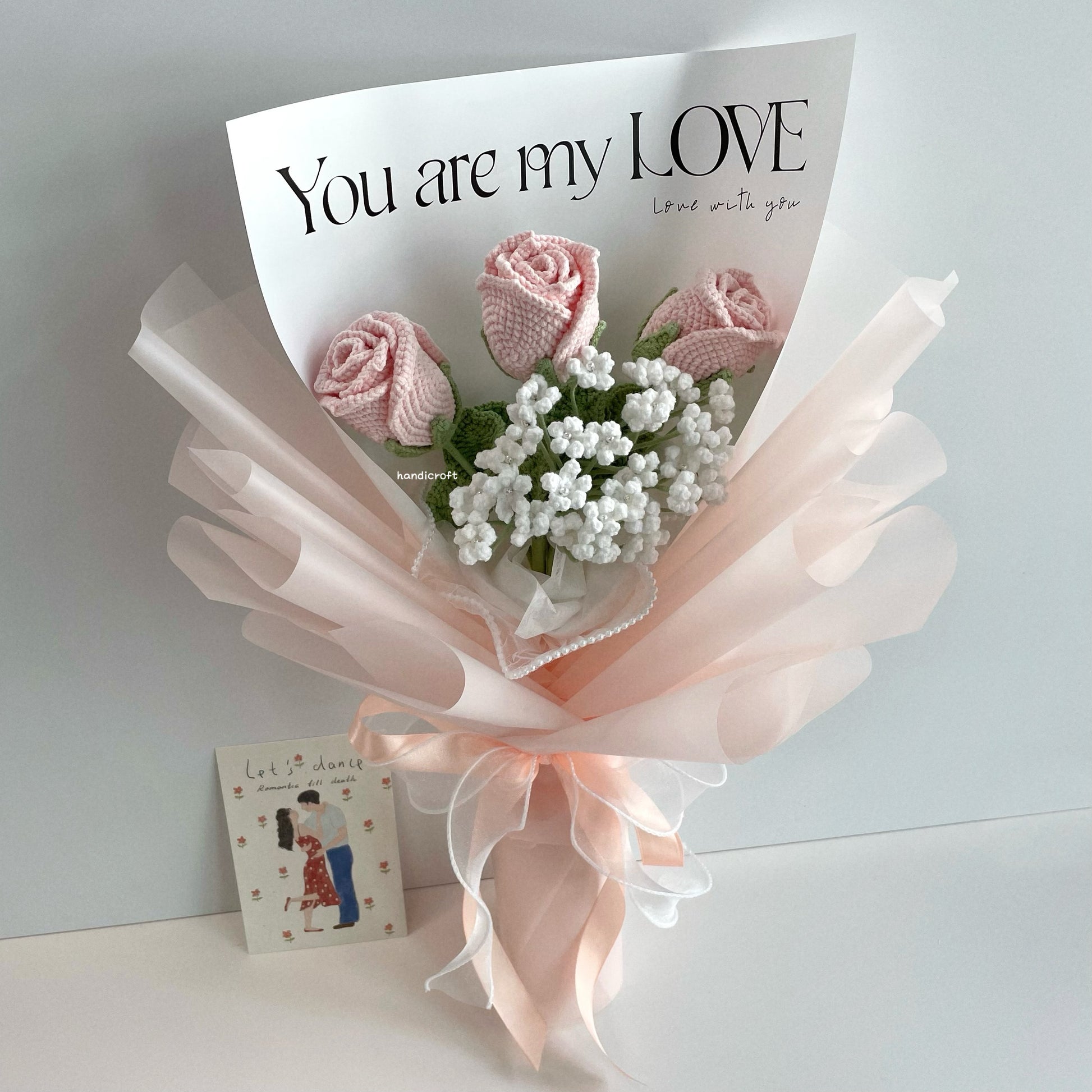 handicroft handmade crochet wineglass rose flower bouquet sweet love baby pink