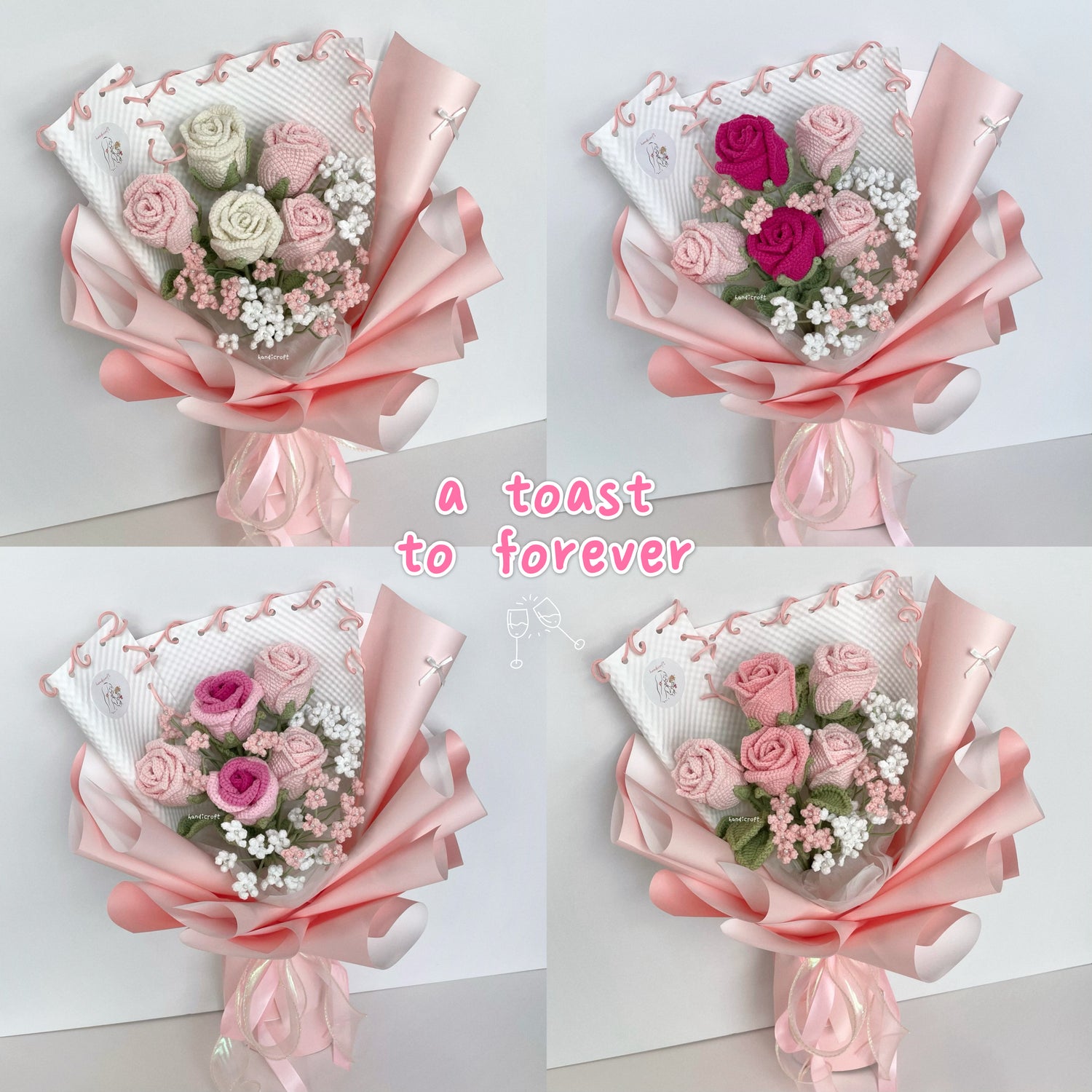 handicroft handmade crochet wineglass roses flower bouquet a toast to forever 5 colour mix