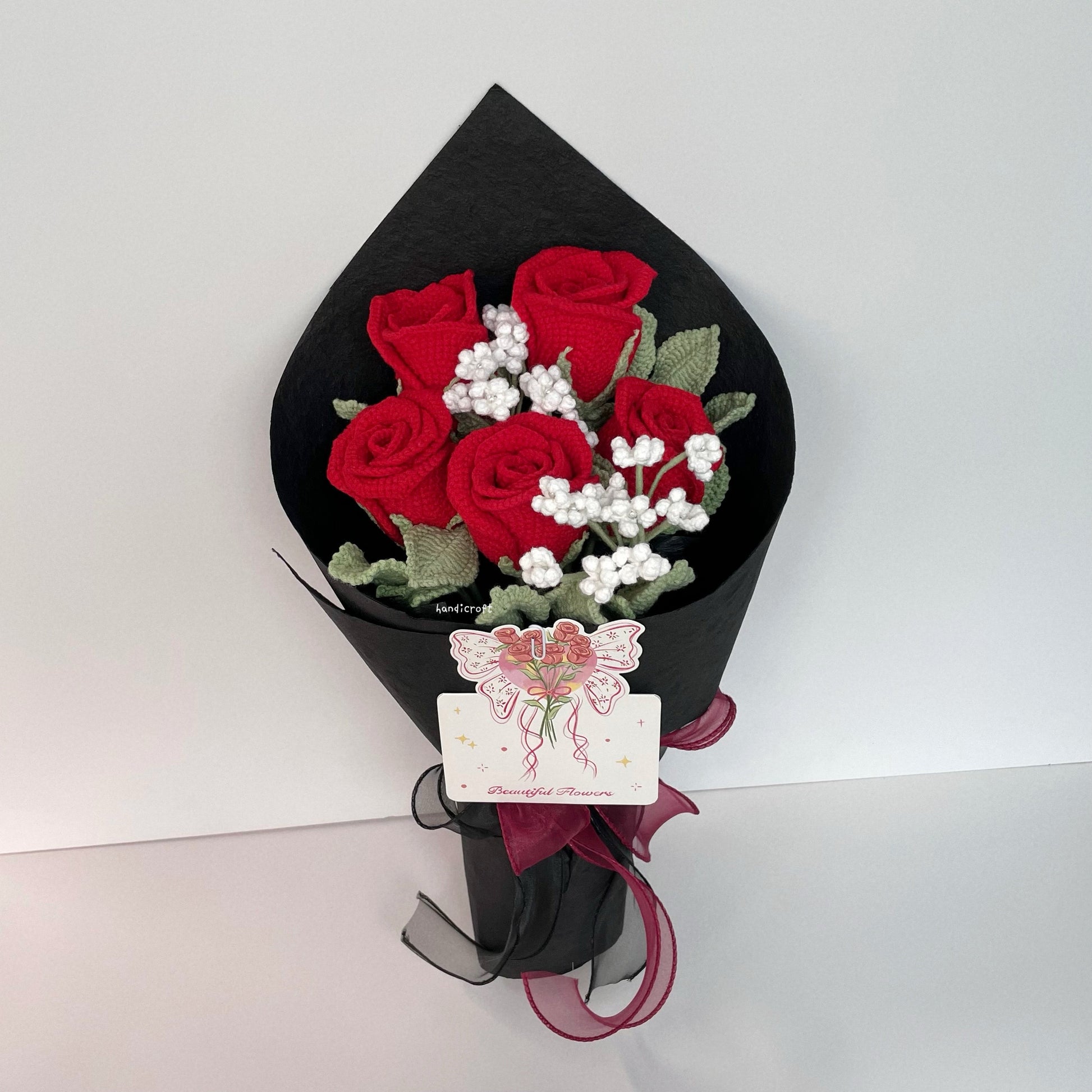 handicroft handmade crochet wineglass roses flower bouquet a toast to love red