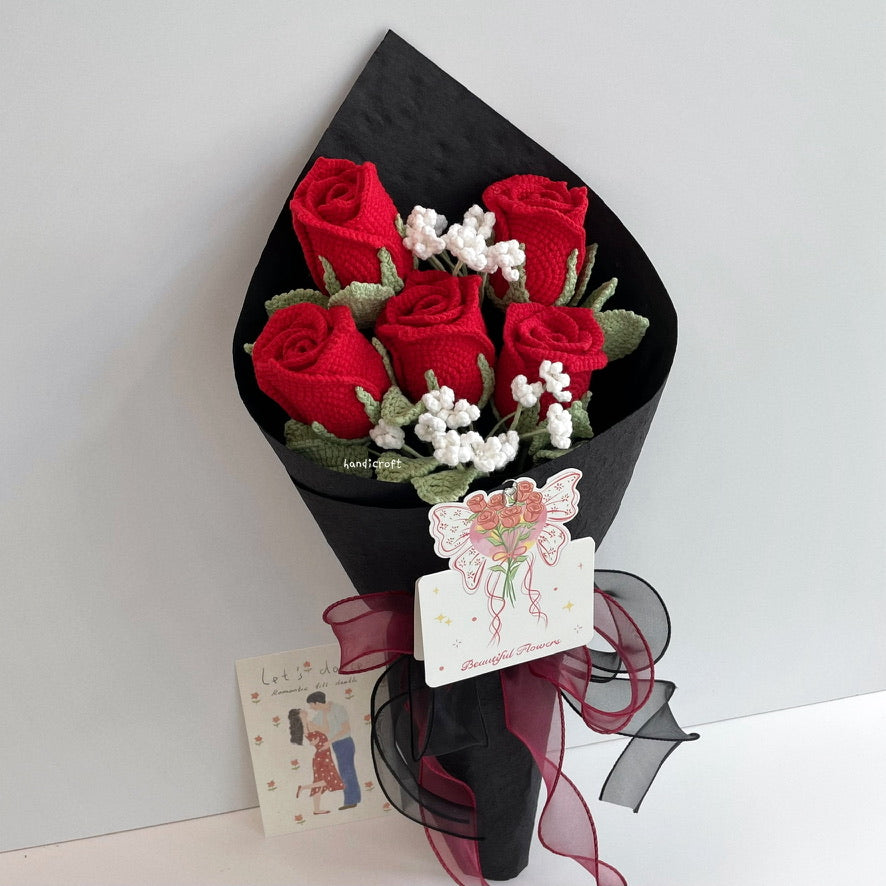 handicroft handmade crochet wineglass roses flower bouquet a toast to love red