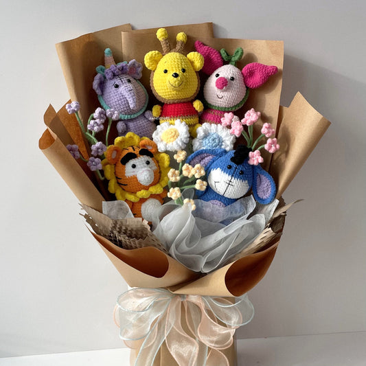 handicroft handmade crochet winnie the pooh family amigurumi pastel flower bouquet pooh & pals