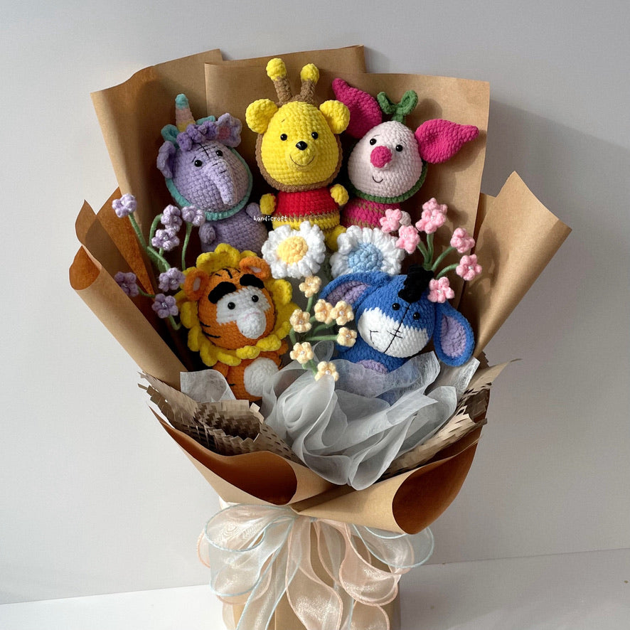 handicroft handmade crochet winnie the pooh family amigurumi pastel flower bouquet pooh & pals
