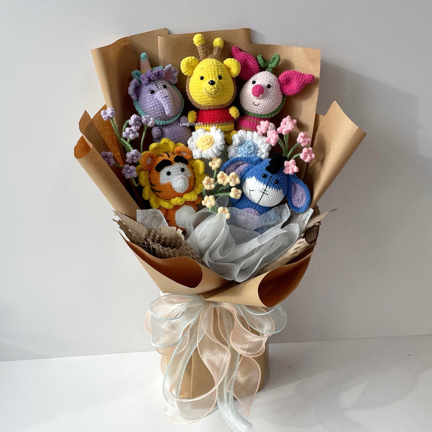 handicroft handmade crochet winnie the pooh family amigurumi pastel flower bouquet pooh & pals