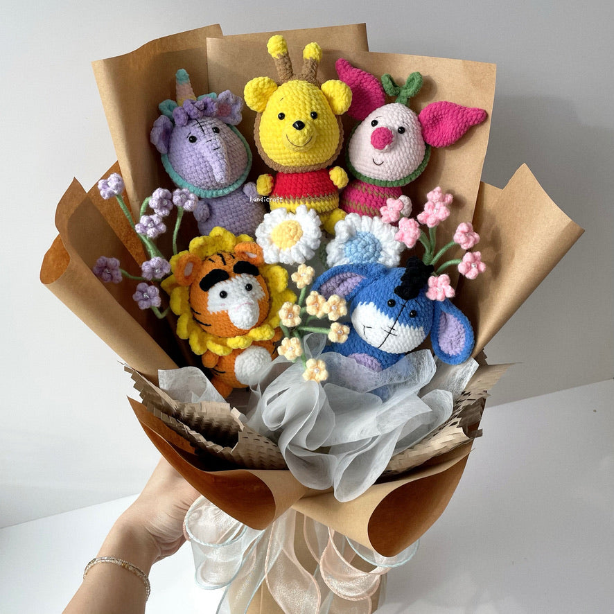 handicroft handmade crochet winnie the pooh family amigurumi pastel flower bouquet pooh & pals