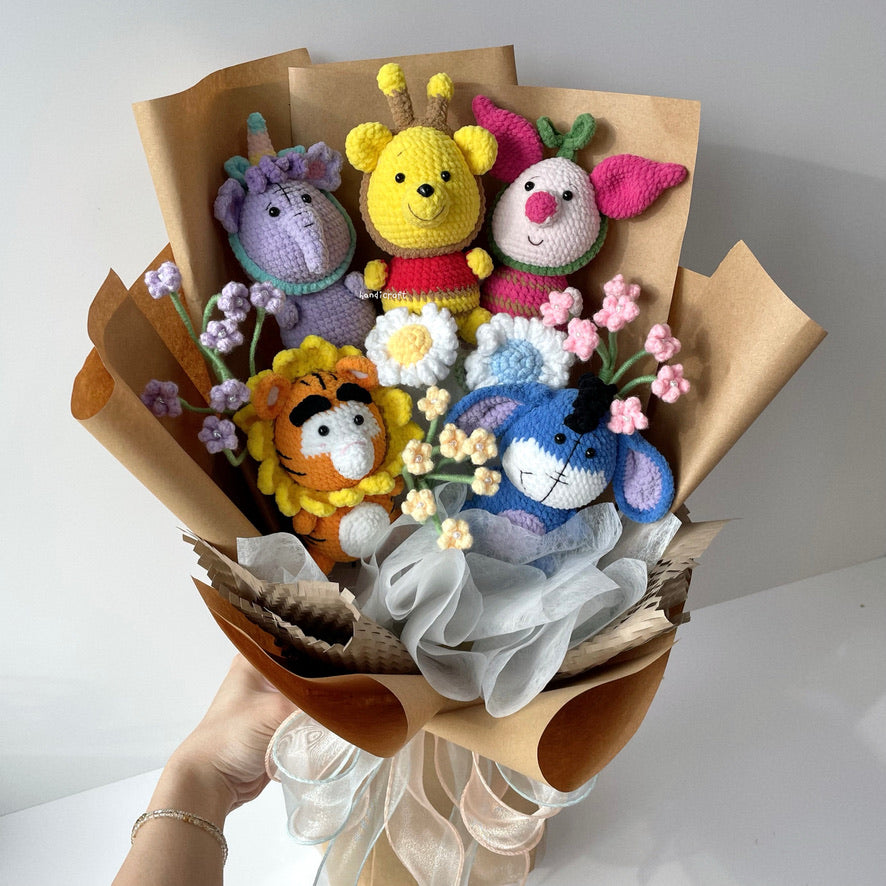 handicroft handmade crochet winnie the pooh family amigurumi pastel flower bouquet pooh & pals