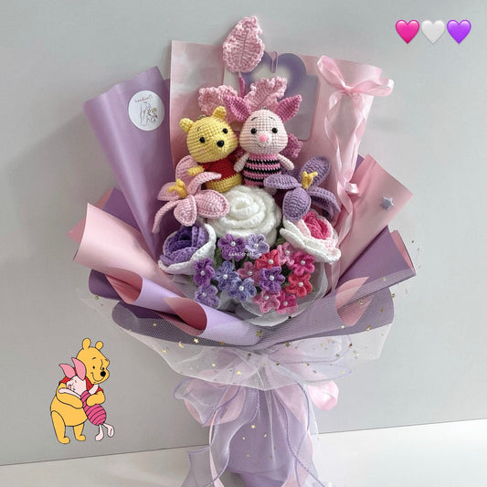 handicroft handmade crochet winnie the pooh & piglet amigurumi pastel pink & purple flower bouquet pooh & piglet pastel blooms