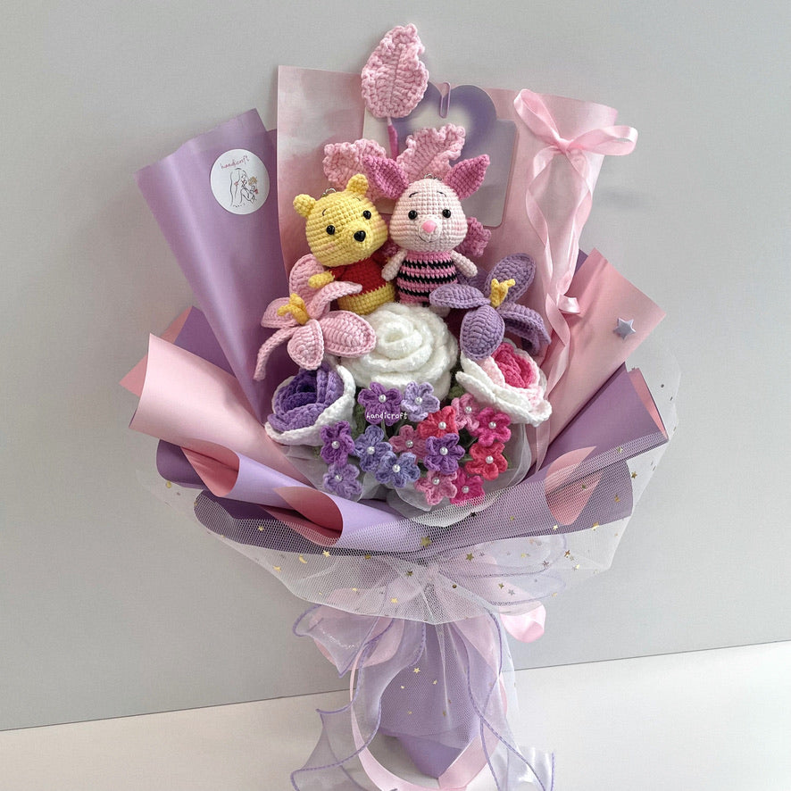 handicroft handmade crochet winnie the pooh & piglet amigurumi pastel pink & purple flower bouquet pooh & piglet pastel blooms