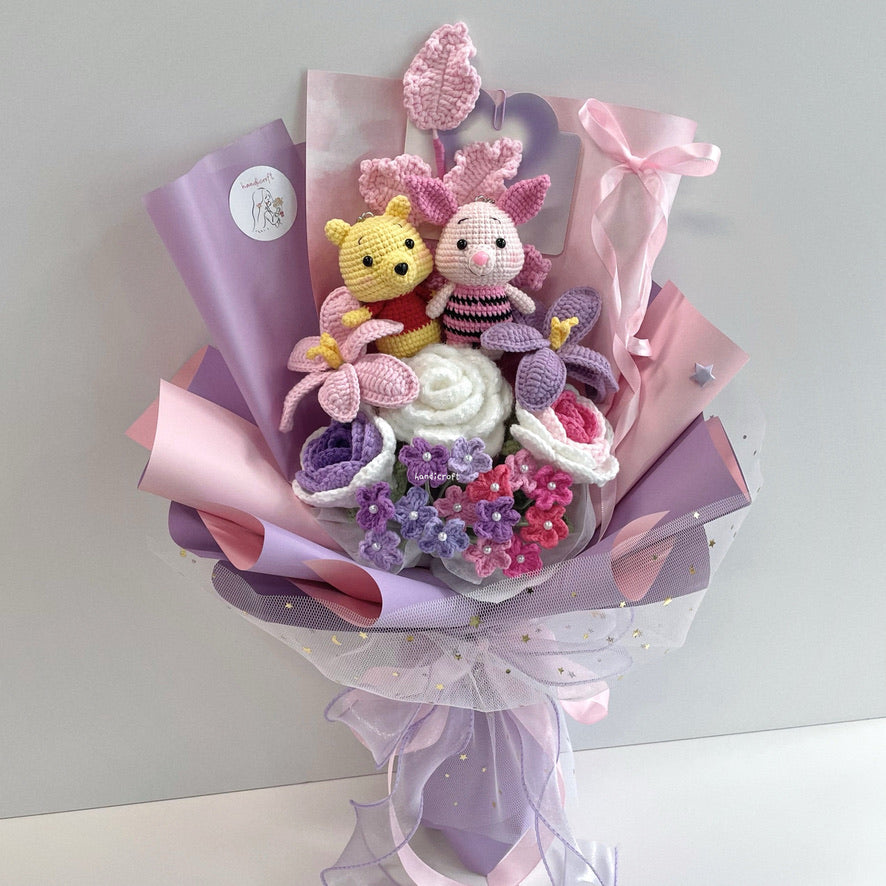 handicroft handmade crochet winnie the pooh & piglet amigurumi pastel pink & purple flower bouquet pooh & piglet pastel blooms
