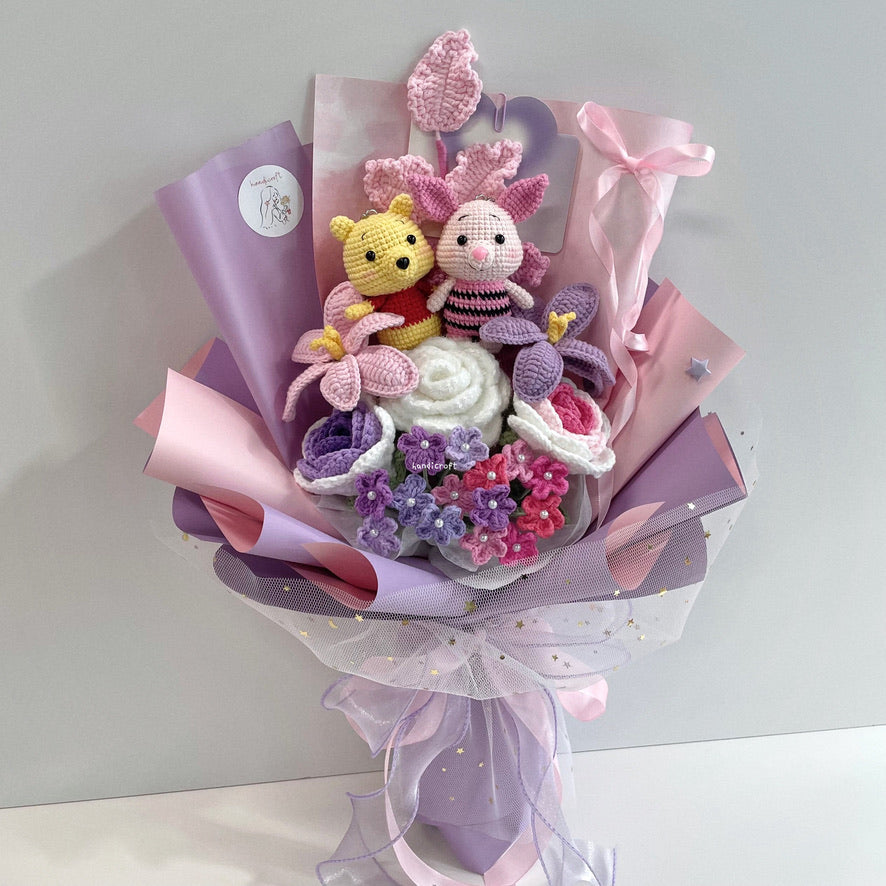 handicroft handmade crochet winnie the pooh & piglet amigurumi pastel pink & purple flower bouquet pooh & piglet pastel blooms