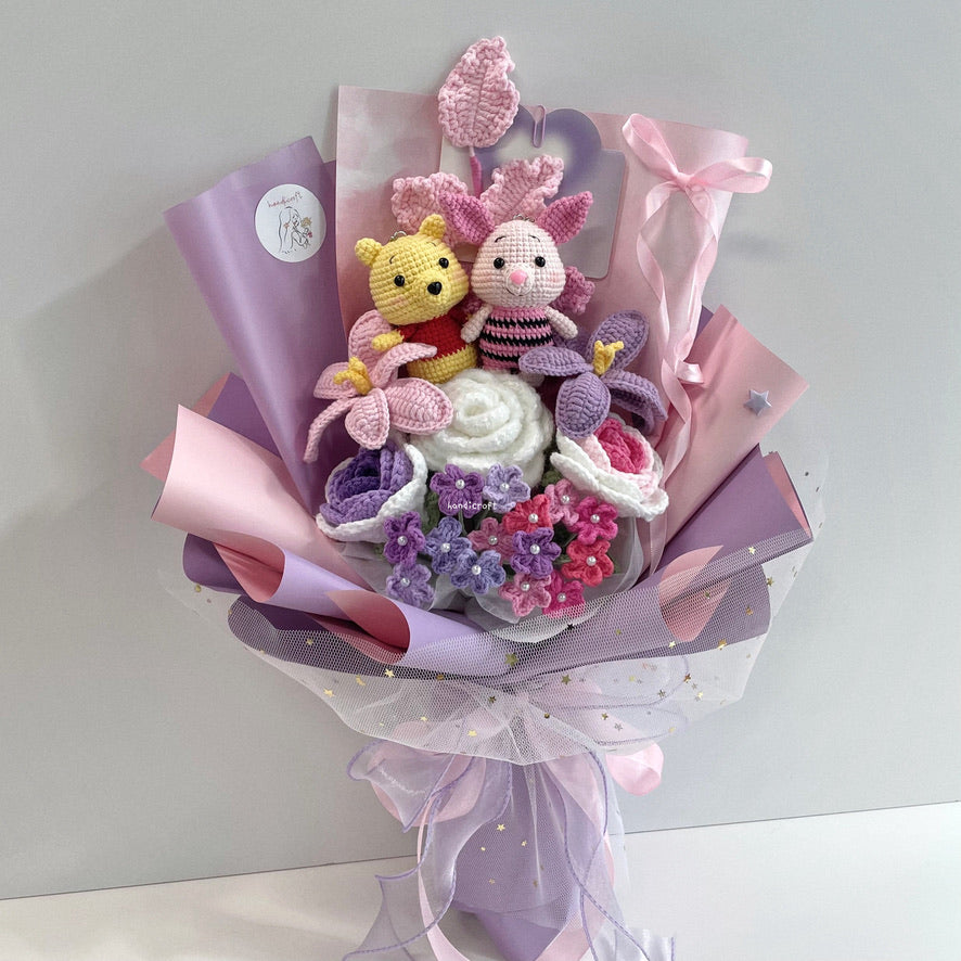 handicroft handmade crochet winnie the pooh & piglet amigurumi pastel pink & purple flower bouquet pooh & piglet pastel blooms