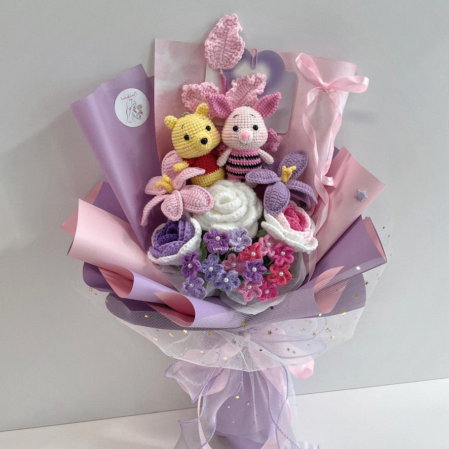 handicroft handmade crochet winnie the pooh & piglet amigurumi pastel pink & purple flower bouquet pooh & piglet pastel blooms